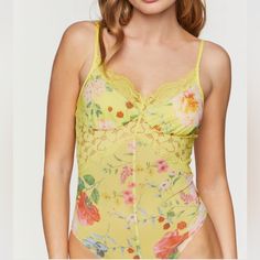 -Nwt -Mesh Bodysuit -Allover Floral Print -Partial Sheer Lace Construction -Sweetheart Neckline -Straight-Cut Back -Shirred Bust -Adjustable Cami Straps -Scalloped Trim -Snap-Button Closures -Can Be Worn As A Top Or Lingerie -Beautiful Yellow Color -Size L Spring Sleeveless Sheer Bodysuit, Forever 21 Sleeveless Bodysuit For Spring, Spring Yellow Bodysuit With Lined Body, Sheer Bodysuit For Summer, Yellow Bodysuit With Lined Body For Spring, Yellow Lined Bodysuit For Spring, Fitted Yellow Bodysuit For Spring, Forever 21 Spring Bodysuit With Lined Body, Spring Bodysuit With Lined Body From Forever 21