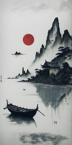 two boats floating on top of a body of water under a red moon over mountains