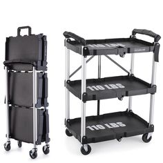 two black and silver rolling carts with wheels