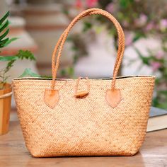 Handwoven Rattan Handbag with Brown Leather Accents - Brown Summer Braids | NOVICA Rattan Handbags, Summer Braids, Gift Suggestions, Rattan Bag, Leather Accents, Brown Leather Strap, Fabric Remnants, Basket Bag, Tropical Vibes