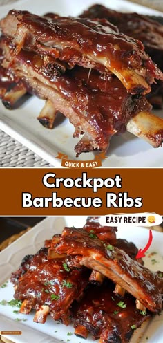 crockpot barbecue ribs on a white plate with text overlay that reads, quick and easy