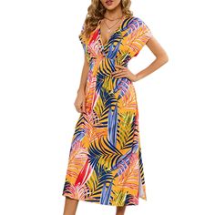 Yellow Printed Bat Sleeve V Neck Long Dress Summer Multicolor Midi Dress With Surplice Neckline, Orange V-neck Midi Dress For Vacation, Tropical V-neck Midi Dress With Floral Print, Tropical V-neck Midi Dress For Spring, Multicolor V-neck Midi Dress For Beach Season, Tropical V-neck Midi Dress For Vacation, Orange Tropical Print V-neck Dress, Beach V-neck Midi Dress With Tropical Print, Yellow Tropical V-neck Maxi Dress