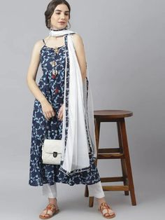 * Women Navy Blue & White Floral Printed Pure Cotton Kurta with Trousers & Dupatta Pure Cotton Kurta Set / Sleeveless Kurta Set / Indian Wedding Wear Salwar Kameez / Silk Kurta Sets / Indian Ethnic Dress / Plus Size Silk Kurta Dress Traditional Indian Wear / Salwar Kameez Dupatta / Kurti Palazzo Set * Navy blue and white printed Kurta with Trousers & dupatta * Kurta design:- * Floral printed * Anarkali shape *Regular style * Sweetheart neck, sleeveless shoulder straps * Gotta patti detail Calf l Traditional Blue Sleeveless Anarkali Set, Festive Sleeveless Blue Kurta, Blue Sleeveless Kurta For Festive Occasions, Festive Blue Sleeveless Kurta, Traditional Sleeveless Blue Kurta, Blue Floral Print Salwar Kameez For Summer, Summer Floral Print Blue Salwar Kameez, Sleeveless Anarkali Set With Dupatta For Summer, Summer Blue Anarkali Set With Dupatta