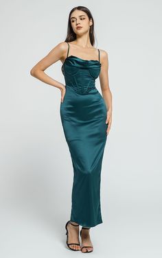 Green Midi Dress With Fitted Bodice And Spaghetti Straps, Fitted Floor-length Satin Slip Dress, Floor-length Fitted Satin Slip Dress, Fitted Satin Maxi Dress With Satin Finish, Fitted Satin Maxi Slip Dress, Satin Finish Fitted Maxi Evening Dress, Fitted Satin Maxi Dress, Fitted Ruched Maxi Slip Dress, Ruched Satin Corset Dress For Date Night