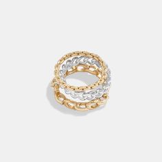 This set features a trio of mixed-metal rings to stack together or wear separately. It includes one delicate chain band one curb chain band and one band detailed with our Signature chain for a heritage touch. | Coach Signature Mixed Chain Ring Set - Women's Size 7 - Gold/silver Mixed Metal Rings, Gold Ring Sets, Delicate Chain, Gift Exchange, Women Accessories Jewelry, Chain Ring, Curb Chain, Metal Rings, Womens Jewelry Rings