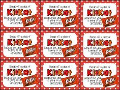 six red and white candy bar wrappers with polka dot designs on them, all in different