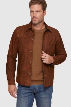 There's nothing better than a shirt jacket, especially when it's our Jasper, crafted from soft yet durable English suede lambskin. Jasper, with a ready-to-go- anywhere attitude, is outfitted with enough pockets to hold all your essentials. Fully lined and tailored to fit just right, Jasper offers lightweight warmth, whether you're hanging out with the guys or dressing up to impress. Business Suede Outerwear With Pockets, Brown Suede Leather Jacket With Patch Pockets, Classic Suede Outerwear With Patch Pockets, Classic Suede Leather Jacket With Flap Pockets, Brown Leather Utility Jacket With Pockets, Brown Suede Outerwear With Patch Pockets, Brown Leather Utility Jacket For Fall, Leather Utility Jacket With Flap Pockets For Work, Collared Leather Jacket With Button Closure