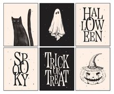 four halloween cards with black and white images