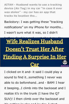 the text on this page reads, wife realizing husband doesn't trust her after finding a surprise in her car