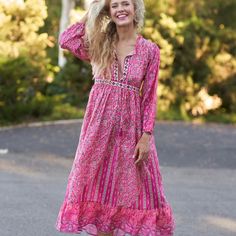 Say Hello To Our Comfy Floral Maxi Dress In Gorgeous Pink Hues , Meets Slightly Above The Ankle With Balloon Sleeves , Giving It That Fun Bohemian Vibe . It’s Flowy And Flirty , Light And Breezy , And Oh So Comfy . Tie Up Strings At The Collar And Below The Bust , Make It For Easy Adjustability . Handmade With Love . Dress Length Approximately 42” 100% Cotton Wash Separately In Cold Water Iron On Low Do Not Bleach Made In India Brand New With Tags Pink Boho Print Midi Dress, Pink Flowy Boho Midi Dress, Flowy Pink Boho Midi Dress, Long Flowy Dress, Betty Dress, Holiday Maxi Dress, Sweater Maxi Dress, Maxi Gown Dress, City Dress