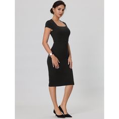 This dress can be a perfect addition to almost any outfit from formal to daily wear, great for work, meetings, office, businesses, work, parties, cocktails, weddings, casual, daily dressing, etc. Pair with high heels for a chic office look. Comfortable and versatile, this pencil dress is perfect on its own or as a layer under a blazer. Elegant Stretch Bodycon Dress For Office Wear, Flattering Fitted Midi Dress For Work, Elegant Black Slim Fit Bodycon Dress, Stretch Knee-length Bodycon Dress For Office, Slim Fit Sheath Bodycon Dress For Workwear, Solid Color Knee-length Bodycon Dress For Formal Occasions, Classic Knee-length Bodycon Dress For Work, Elegant Slim Fit Bodycon Dress For Formal Occasions, Fitted Bodycon Office Dress For Evening