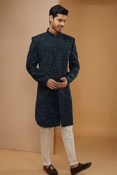 Teal full sleeve achkan with cutdana embroidery in floral pattern. Paired with off-white mexican pant. - Aza Fashions Cutdana Embroidery, Fashion App, Silk Embroidery, Aza Fashion, Full Sleeve, Floral Pattern, Off White, For Men, Silk