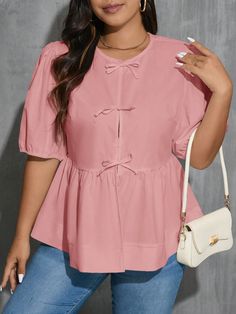 Rosa Dulce Collar manga corta Tela tricotada Liso peplum Embellished No-Elástico Loose White Blouse, Elegant Dresses Long, Pink Blouse, White Blouse, Plus Size Blouses, Kids Beachwear, Elegant Dress, Plus Size Tops, Plus Clothing