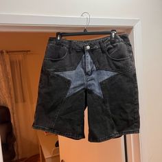 Brand New. Never Been Worn. Denim Shorts Black Star Print Bottoms For Streetwear, Casual Black Bottoms With Star Print, Trendy Black Bottoms With Star Print, Trendy Black Jeans With Star Print, Casual High Waist Jean Shorts With Star Print, Short Pants, Black Blue, Mens Shorts, Jean Shorts