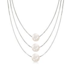 Ross-Simons - 9-9.5mm Cultured Pearl Three-Strand Layered Necklace. 18". Our pearl necklace is layered with elegance. We've suspended a trio of 9-9.5mm cultured freshwater pearls from three 0.8mm sterling silver box chains to bring you this clean, minimalist design. It's a fresh and modern way to add the elegance of pearls to your everyday look. Layered strands measure 18", 19" and 20". Springring clasp, white pearl necklace. Pearl birthstones are the perfect gift for June birthdays. Three Strand Pearl Necklace, Three Strand Necklace, Akoya Pearl Earrings, Curved Bar Necklace, Pearl Birthstone, Front Back Earrings, Detailed Necklace, Pearl Jewelry Sets, White Pearl Necklace