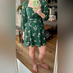 This Gorgeous Emerald Green Long Sleeve Dress With A Delicate Floral Print Is Perfect For Early Spring Or Fall Weather. It Is Completely New, Never Worn, With Tags Attached. It Is A Little Small For Me Which Is Why I’m Selling It. I’m Modeling In The Pics And Am 5’ 105 Lbs. It Is A Little Tight Because I Am Busty But Would Probably Fit Most People My Height And Weight. Green Flowy Mini Dress With Square Neck, Fitted A-line Floral Dress For Day Out, Casual Fitted Long Sleeve Floral Dress, Fitted Long Sleeve Floral Dress For Brunch, Fitted Green Dress For Brunch, Fitted Green Dresses For Brunch, Casual Fitted Green Floral Dress, Fitted Green Floral Mini Dress, Fitted Green Floral Dress