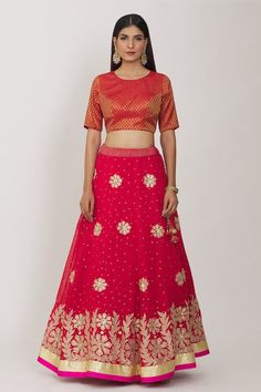 Red attached cancan lehenga with gold floral applique, sequin embroidery. Paired with floral woven padded blouse and dupatta. - Aza Fashions Red Art Silk Lehenga With Gota Work, Fitted Red Lehenga With Gota Work, Fitted Red Choli With Gota Work, Red Semi-stitched Lehenga With Gota Work, Red Chanderi Lehenga For Party, Red Choli With Gota Work For Party, Party Choli With Gota Work In Red, Red Bollywood Choli With Gota Work, Red Party Choli With Gota Work