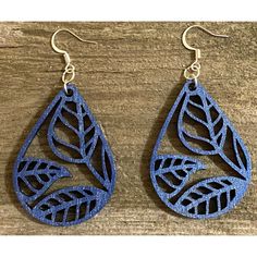 Laser Cut Wood Earrings Made In The Usa Blue Leaf-shaped Jewelry Gift, Blue Leaf-shaped Jewelry For Gift, Blue Hypoallergenic Drop Earrings, Handmade Blue Leaf-shaped Jewelry, Blue Dangle Teardrop Earrings For Pierced Ears, Adjustable Blue Teardrop Dangle Earrings, Nickel Free Blue Earrings For Everyday, Blue Nickel-free Everyday Earrings, Blue Nickel-free Earrings For Everyday