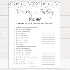 a printable mommy or daddy guess who question card on a white background with silver confetti