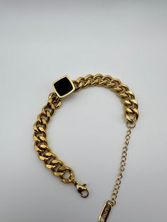 Colour: Gold Bracelet Elegant Stainless Steel Cuban Link Bracelet With Box Chain, Vintage Stainless Steel Box Chain Jewelry, Black Chain Link Bracelet Gift, Elegant Metal Charm Bracelet With Box Chain, Black Metal Bracelets Tarnish Resistant, Tarnish Resistant Stainless Steel Jewelry For Party, Gold-tone Metal Chain Bracelet As Gift, Gold-tone Metal Chain Bracelet Gift, Chunky Chain Metal Jewelry For Gifts