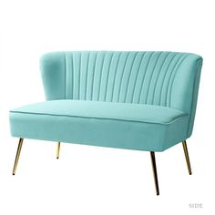 a light blue couch with gold legs on a white background