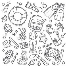 a coloring page with various items for diving