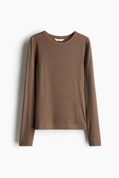 Fitted top in soft  ribbed cotton and modal jersey. Crew neck and long sleeves. Dark Taupe, M Beauty, Fitted Top, Fashion Company, Workout Tops, Personal Style, Round Neck, H&m, Womens Tops