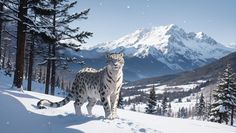 two snow leopards are standing in the snow near some pine trees and mountains with snow on them