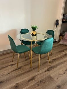 oJackArt Dining Room Set Emerald Green Dining Room Round Table Decor Ideas, Glass Dining Table Aesthetic, Round Glass Top Dining Table, Glass Table Velvet Chairs, Dining Table For 4, Teal Round Dining Table, Round Glass Dining Table Velvet Chairs, Round Glass Dining Table, Apartment Dining Room Ideas