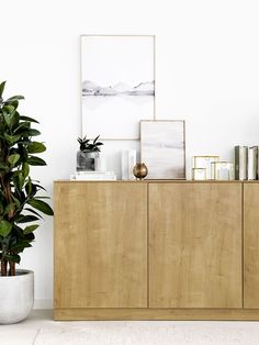 a wooden cabinet sitting next to a potted plant in front of a white wall