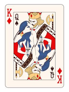 the queen of hearts playing card is shown in red, white and blue with gold accents