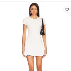 Size M. Love This Dress But I Wore A Large And It Was Too Late To Return The Medium! White Mini Dress With Mini Hem For Night Out, White Mini Dress For Night Out With Mini Hem, White Mini Dress For Night Out, White Mini Hem Dress For Date Night, White Flirty Mini Hem Dress, Fitted Mini Hem Daywear Dresses, Casual Fitted Mini Dress With Mini Hem, White Stretch Short Sleeve Dress, White Bodycon Short Sleeve Dress