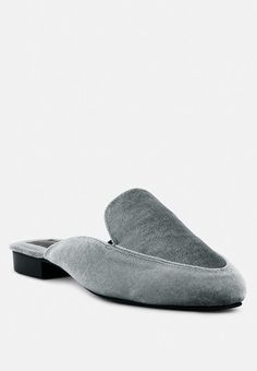 BATISTE Grey Velvet Handcrafted Mules_Grey Velvet Mules, Canvas Loafers, Luxury Flats, Casual Luxury, Flat Mules, Wooden Heel, Grey Velvet, Card Bag, Pump Sandals