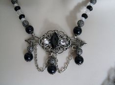 Elegant Victorian Necklace Gothic Silver Jewelry With Black Beads, Gothic Silver Beaded Necklaces With Black Beads, Gothic Silver Necklace With Black Beads, Silver Gothic Necklace With Black Beads, Elegant Metal Necklace With Faceted Beads, Gothic Silver Jewelry With Round Beads, Gothic Silver Beaded Necklace Perfect For Gifts, Silver Gothic Beaded Necklace For Gift, Silver Gothic Beaded Necklace As Gift