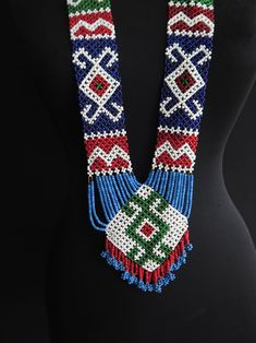 "Vintage Ethnic Glass Beaded Necklace. Two of the blue beaded part has got loosen as you can notice from the images. Size: 23.6\" - 60 cm high, Only bead part is 19.6\" - 50 cm high and 1.7\" - 4.5 cm wide." Embroidered Apron, Diy Embroidery Designs, Party Wear Indian Dresses, Glass Bead Necklace, Beaded Necklaces, Diy Embroidery, Embroidered Silk, Hand Painted Ceramics, Ceramic Painting