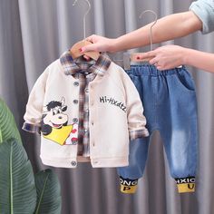 3-piece Coat & Plaid Shirt & Pants for Children Boy - PrettyKid Winter Beige Cotton Set, Casual Cream Sets For Fall, Casual Fall Sets With Collared Shape, Cream Long Sleeve Sets For Fall, Adorable Baby Outfits, Girl Baby Clothes, Wash Label, Cool Baby Clothes, Children Boy