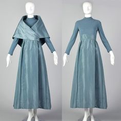 This is a really incredible dress and shawl set by Mollie Parnis. It has a knit long sleeve mock-neck bodice in a steel grey blue color. There is a band around the waist of taffeta in the same color, which then falls beautifully into a long full skirt. There is a matching wrap taffeta shawl that can be worn as you wish or you can be wrapped around the shoulders and fastened at the waist in a beautiful and unique silhouette.    Condition: Very Good Condition Details: Very good - There is an area on the back left side of the skirt where the taffeta has a line of warping. There is a small dark spot on the front right side of the skirt near the hem. There are other small faint spots elsewhere near the base of the skirt. The knit top has some light pilling on the bodice. The wrap has no notable Long Sleeve Maxi Dress Formal, Long Full Skirt, Grey Gown, Shawl Winter, Winter Evening, Dress Knit, Evening Gown Dresses, Wrap Shawl, Maxi Dress Formal