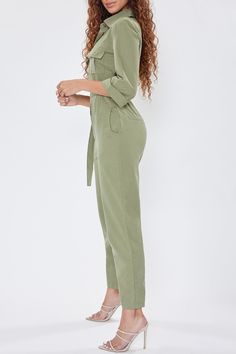 Collared Jumpsuits And Rompers With Pockets, Chic Workwear Jumpsuits And Rompers With Belt Loops, Solid Color Belted Fitted Jumpsuits And Rompers, Fitted Solid Color Belted Jumpsuits And Rompers, Fitted Belted Jumpsuits And Rompers In Solid Color, Utility Jumpsuits And Rompers For Workwear, Utility Overalls With Pockets, Utility Solid Overalls With Pockets, Fitted Belted Jumpsuits And Rompers For Work