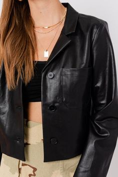 Specifications: cropped faux leather button front collared Sizing: XSmall 0-2 Small 2-4 Medium 6-8 Large 10-12 Crop Leather Jacket, Leather Crop Jacket, Cropped Leather Jacket, Jacket Sale, Crop Jacket, Black Faux Leather, Black Leather, Leather Jacket, Faux Leather