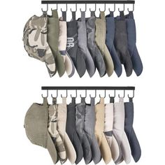 six pairs of socks hanging from hooks