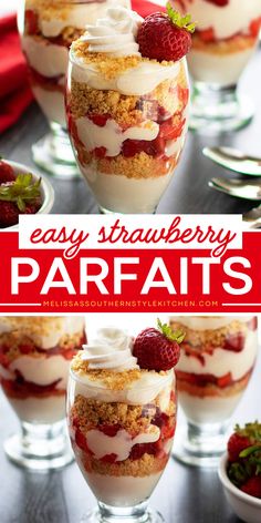 Add these pretty Easy Strawberry Parfaits to your yummy summer desserts or 4th of July dessert ideas! It starts with a no-bake cheesecake cream layered with fresh strawberries and buttered crumbs. Pin this recipe! Strawberry Crunch Parfait, Strawberry Desserts For Two, Parfait For A Crowd, Strawberry Desserts No Bake, Yummy Summer Desserts, 4th Of July Dessert Ideas, Strawberry Parfaits, Summer Party Desserts