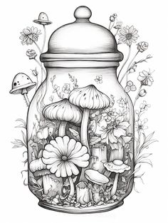 a jar filled with lots of mushrooms and flowers