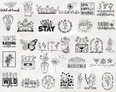 the logos for wildflowers are drawn in black and white, with flowers on them