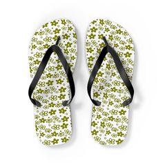 "Spring Blossom Corelle Crazy Daisy Pyrex Sandals, Spring Blossom Green Vintage Corelle-Vintage Pyrex Green Pyrex Flip Flops These flip flops in the wellknown Spring Blossom Corelle Crazy Daisy Pyrex pattern add some character to your summer escapades. With an easy slip-on design, a cushioned footbed, and top-tier printing fidelity, these flip flops are a guaranteed summer hit. .: 5/8\" (15 mm) thick EVA sole .: 100% polyester suede sole cover .: Runs true to size .: Black PVC strap .: Multiple sizes Note: This is not an original Pyrex, Corning or Corelle item. The original authentic vintage design has been reused to offer you this great product.  There has always been a lot of confusion with this pattern because there are several varieties. To confuse matters further, everyone on Ebay lik Vintage White Sandals For Spring, Vintage White Open Toe Sandals, Retro Open Toe Sandals For Beach, Retro Open Toe Sandals For Vacation, Vintage Open Toe Sandals For The Beach, Vintage Sandals For Summer Beach, Retro Sandals For Spring Vacation, Vintage Sandals For Summer Beach Outings, Vintage Sandals For Beach In Summer