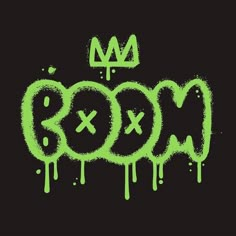 the word boo written in neon green ink on a black background with dripping paint and splat