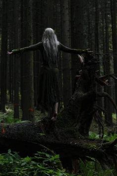 an old man with long white hair standing in the woods holding his arms out and looking at something