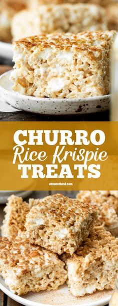 two plates with rice krispy treats on them and the words churro rice krispie treats