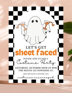 a halloween party with a ghost face on the front and black and white checkered background