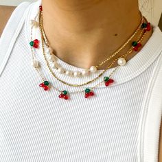 Cherry Necklace,  Beaded Cherry Chain, Cherry Jewelry Item Details: ⭐ This necklace is about 42cm long. You can let us know your desired length and we will make it accordingly. ⭐ This necklace is made with beautiful shiny red and green glass beads beaded into red cherries connecting the gold chain with freshwater pearls.  ⭐ It is also made with 18k gold plated gold chain. ⭐ Freshwater pearls are also a natural product, and the shape and colour vary slightly. ⭐ Product colour may slightly vary du Cherry Necklace Tutorial, Trendy Red Round Bead Necklaces, Trendy Red Necklaces With Colorful Beads, Trendy Red Necklace With Colorful Beads, Trendy Red Necklaces With Round Beads, Trendy Red Round Beads Necklace, Red Pearl Chain Necklace As Gift, Gift Red Beaded Chain Necklace, Red Beaded Chain Necklace Gift