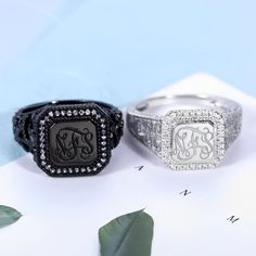 "NOTE: Please enter up to 3 initials (in the order you want them to appear) in the personalisation box. This personalized CZ monogram ring is a stunning piece of jewelry that will make you stand out from the crowd.  This ring is made of 925 sterling silver and features a dazzling cubic zirconia stones around it. The ring can be customized with your own monogram, which will be engraved on the top of the ring in a stylish font. You can choose between silver or black plated finish for the ring, depending on your preference.  This ring is a great way to express your personality and style, as well as a perfect gift for someone special. Whether you want to treat yourself or surprise your loved one, this ring will make them smile. Order yours today and get ready to receive compliments.  Product s Name Rings Silver, Name Ring, Silver Bling, Monogram Ring, Name Rings, Men Gifts, Women Gifts, Personalized Monogram, Delicate Rings